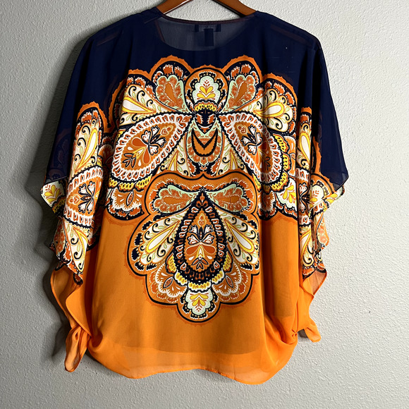 Susan Graver Womens XS Orange Paisley Kimono Kaftan‎ Blouse Set Oversized Boho - Picture 3 of 13